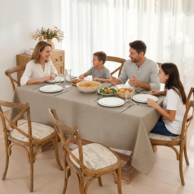 Faux Linen Tablecloths for Rectangle Tables, 2 Pack Burlap Textured Table Cloths Washable Farmhouse Table Cover Water Resistant for Dining, Wedding, Outdoor(Khaki, 60"×120")