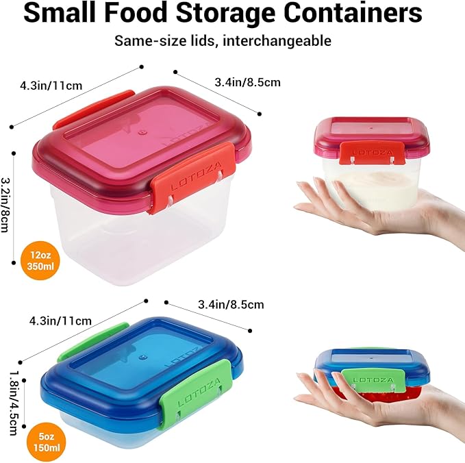 12oz 5oz Small Plastic Food Storage Containers with Lids Snap Lock Lunch Box Square Leakproof Snack Container Salad Fruit Jam Yogurt BPA Free Stackable Microwave Dishwasher Safe Sets 4 Pack