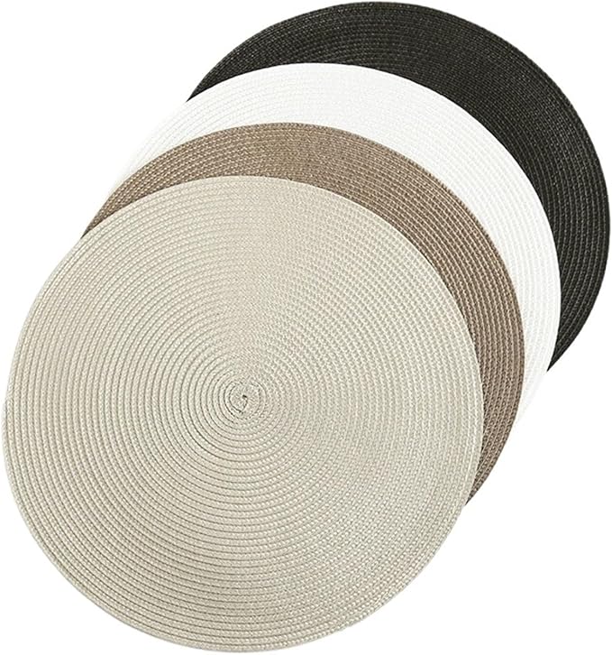 Table Mat Round Woven Placemats PP Waterproof Dining Non-Slip Napkin Disc Bowl Pads Drink Cup Coasters Kitchen Decoration(Light)