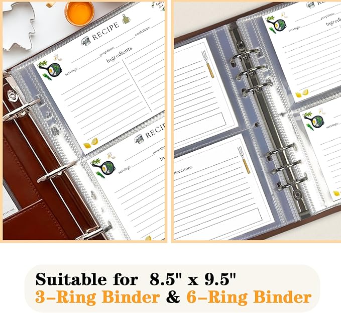 Recipe Card Page Protectors, fit 6-Ring Recipe Binder & 3-Ring Binder (8.5" x 9.5"), 2 Pockets Per Page, Recipe Binder Refill Pages