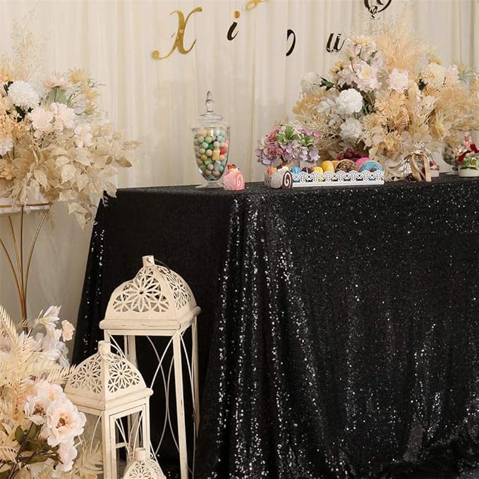 Eternal Beauty Black Tablecloth, 90x132 Inch Sequin Rectangle Table Cover for Cake Dessert Exhibition Party Birthday Events