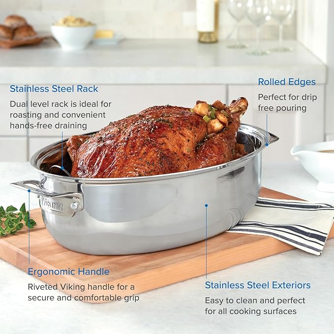 Viking 3-Ply Oval Roasting Pan, 8.5 Quart, Stainless Steel Kitchen Cookware with Metal Induction Lid and Rack, Great for Turkey, Dishwasher and Oven Safe, Silver