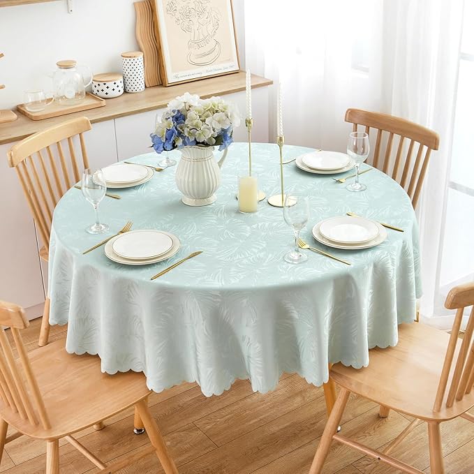 Round Tablecloth Jacquard Table Cloth Leaves Pattern Scalloped Edge Soft Waterproof Washable Fabric 50 Inch Tables Cover for 20-38"Dinning Table Outdoor Party Kitchen Dining Decor (AQUA)