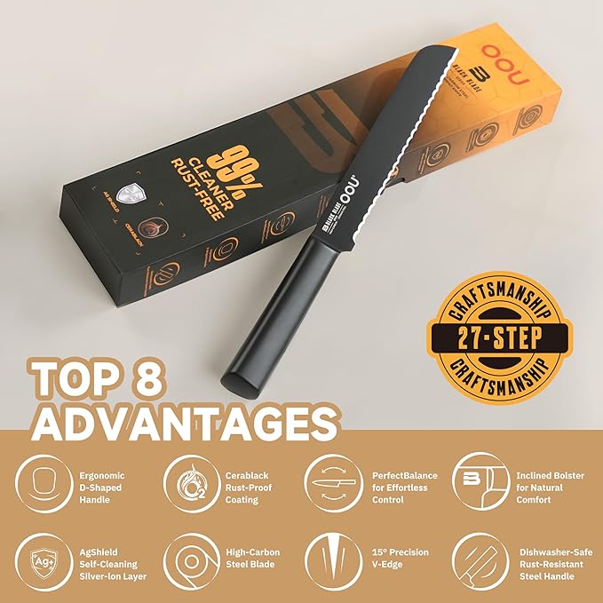 OOU® Black Blade 8 Inch Bread Knife with AgShield™ & Cerablack™ Technology, Rust-Resistant & Easy-Clean Finish, Serrated Edge for Sourdough, Bagels & Cake