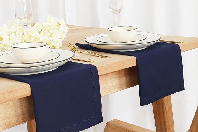 PurpleEssences Set of 12 Hemstitch Cloth Dinner Napkins 100% Cotton - Soft Durable Washable - Ideal for Wedding Christmas Holiday Winter - Perfect Everyday Use Table Linen 18x18 - Navy Blue