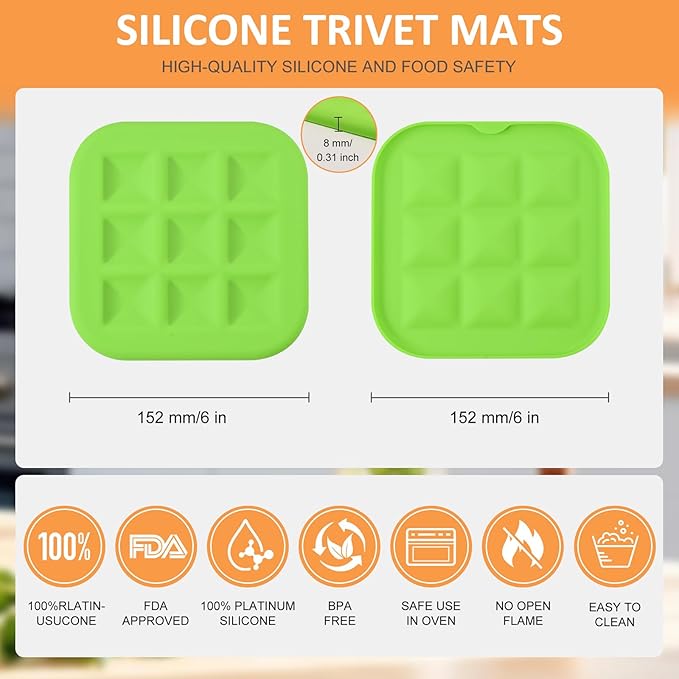 Silicone Trivets for Hot Pots and Pans, Pot Holders Hot Pads 6 Pack Silicone Mats for Kitchen Counter, Soft Durable Drying Mat, Jar Opener and Coasters (Green)