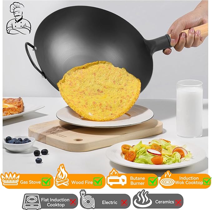 WANGYUANJI 13.4" Round-Bottom Iron Wok, Deep Chinese Stir-Fry Pan (Seasoning Required), Wok Ring Required, Not Flat-Top/Induction — No Lid, No Ring,Wooden Handle, Coating-Free