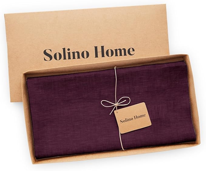 Solino Home Linen Tablecloth 52 x 52 Inch - 100% Pure Linen Square Table Throw - Athena, Machine Washable Chambray Burgundy Tablecloth for Valentines, Winter
