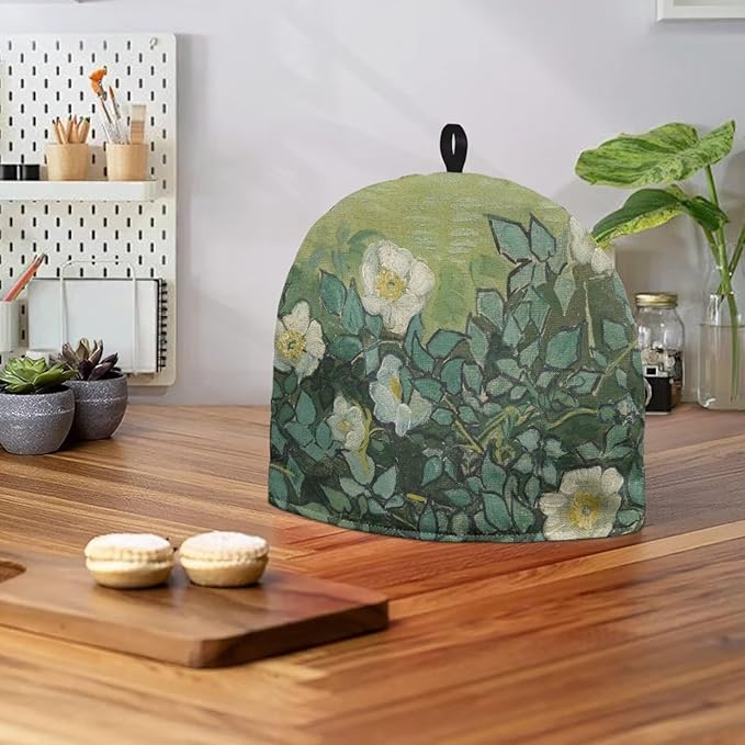 Tea Cozy for Teapots with Handle, Wild Roses Print Vintage Oil Painting Style Dust Cover, Hanging Fold-Up Design, Suitable for Kitchen and Living Room Table Decoration
