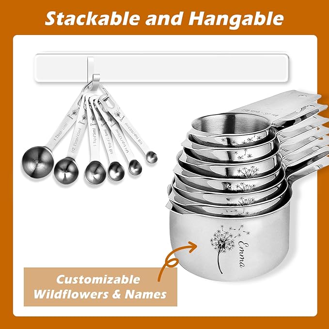 Personalized Stainless Steel Measuring Cups & Spoons Set, Custom Kitchen Tools with Wildflower & Name, Mothers's Day Gifts For Mom, for Cooking & Baking