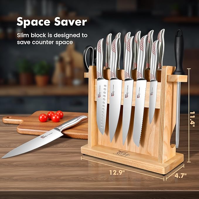 Japanese Knives Set for Kitchen, Magnetic Knife Set with Block and Sharpener, Stainless Steel Knife Set as Gift for Couple, Wedding, Women or Mom with Gift Box, 14 PCS Red Dot