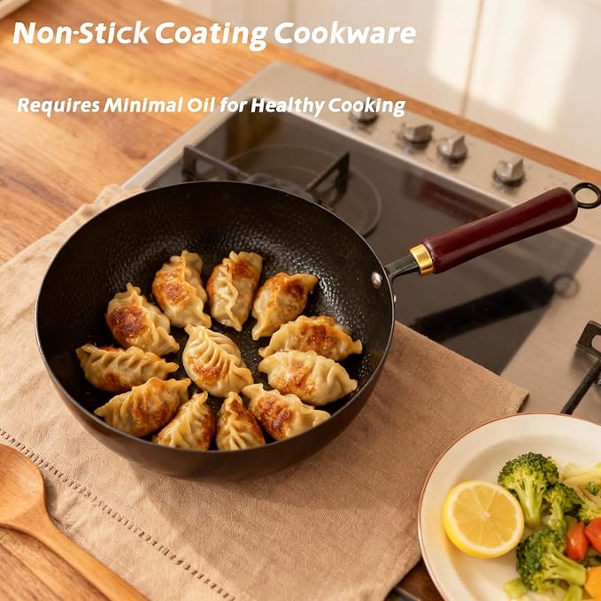 Pre-Seasoned Uncoated Carbon Steel Wok - 10.2 Inch Deep Hammered Hand-Forged Stir Fry Pan, Ready-to-Use Non-Stick Wok with Wooden Handle, Induction & Stovetop Compatible