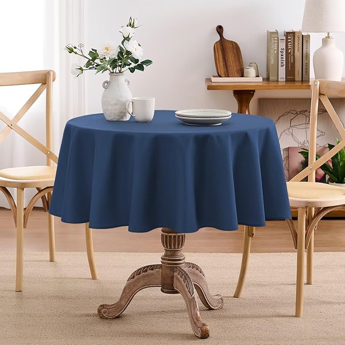 Faux Linen Tablecloths for Rectangle Tables, Burlap Textured Table Cloths Washable Farmhouse Table Cover Water Resistant for Dining, Wedding, Outdoor(Navy Blue, 60" Round)