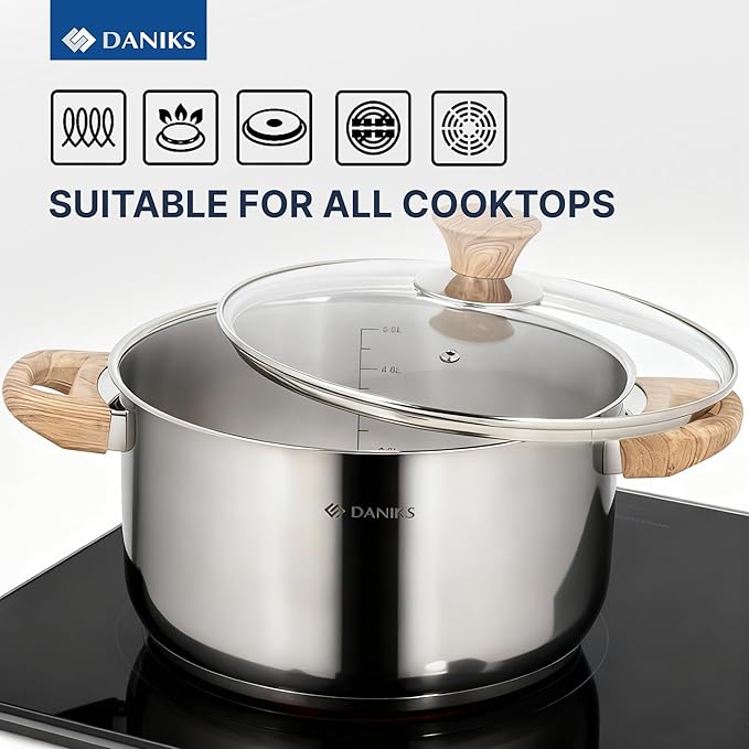 Daniks Oslo 10-Piece Stainless Steel Cookware Set with Glass Lids, Includes Saucepan and Frying Pan with Lid, Tri-Ply Bases for Even Heating, Induction Compatible, Dishwasher Safe, Bakelite Handles