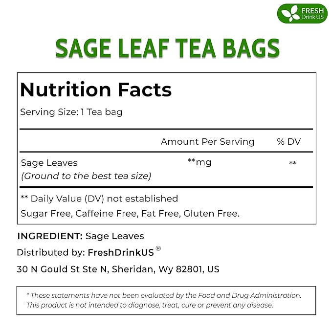 FreshDrinkUS, Premium 135 Sage Leaf Tea Bags, 100% Natural & Pure from Sage Leaves. Loose Leaf Herbal Tea. Made with Natural Material Tea Bags. No Sugar, No Caffeine, No Gluten, Vegan.