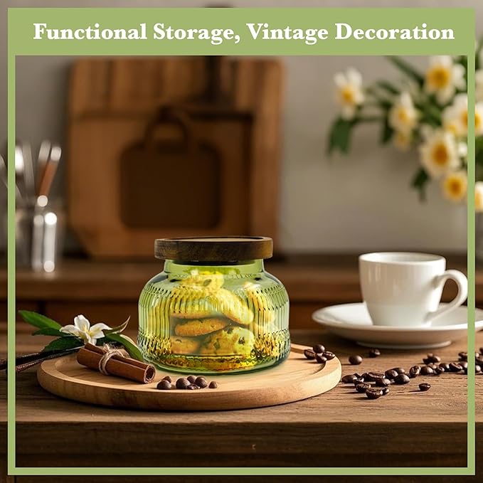 Decorative Green Glass Jar with Airtight Wooden Lid 25.4 oz, Wide Mouth Vintage Kitchen Food Storage Container for Cookie Candy Honey Flour Spice Coffee Tea, Home Decor Sand Candle Holder Vase