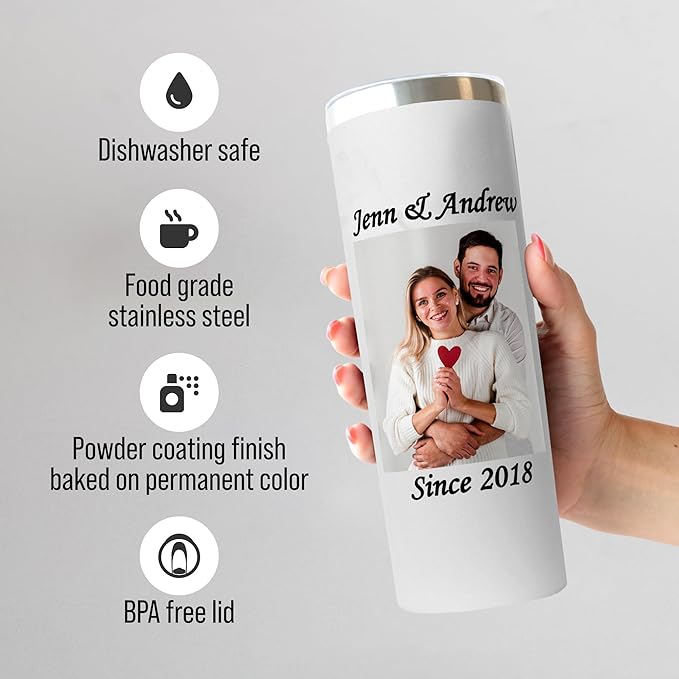 Custom photo tumbler with lids, personalized 20oz insulated drinking pictures thermal hot & cold beverages cups, skinny metal coated thermo gift for couples women & men, memorial, birthdays (Pictures)