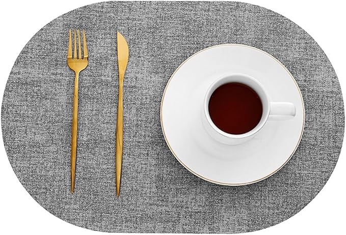 Luxury PU Oval Round Place Mats for Dining Set of 1/4 Non-Slip Coaster Leather Tableware Coffe Pads Kitchen Accessories(Vin Light Grey,44x30cm 4pcs)