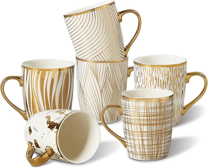 ONEMORE Coffee Mugs 18oz - Gold-Plated Ceramic Mugs for Latte, Hot Tea, Cappuccino, Mocha, Cocoa - Luxury Gold Trim Mug Set of 6, White & Gold, Multicolored