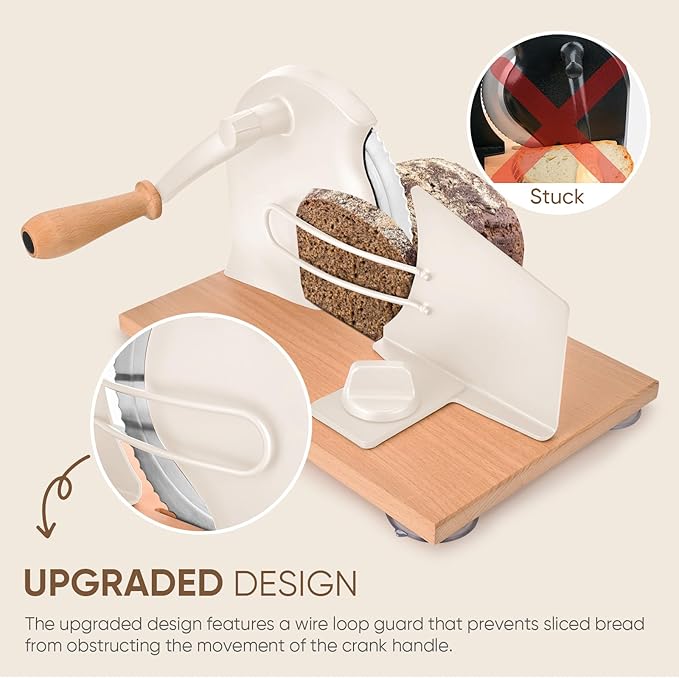 Manual Bread Slicer with Hand Crank, Classic Home Bread Slicer for Homemade Sourdough, Rotary Slicer with Adjustable Thickness, Premium Stainless Steel & Powerful Suction Cups (White)