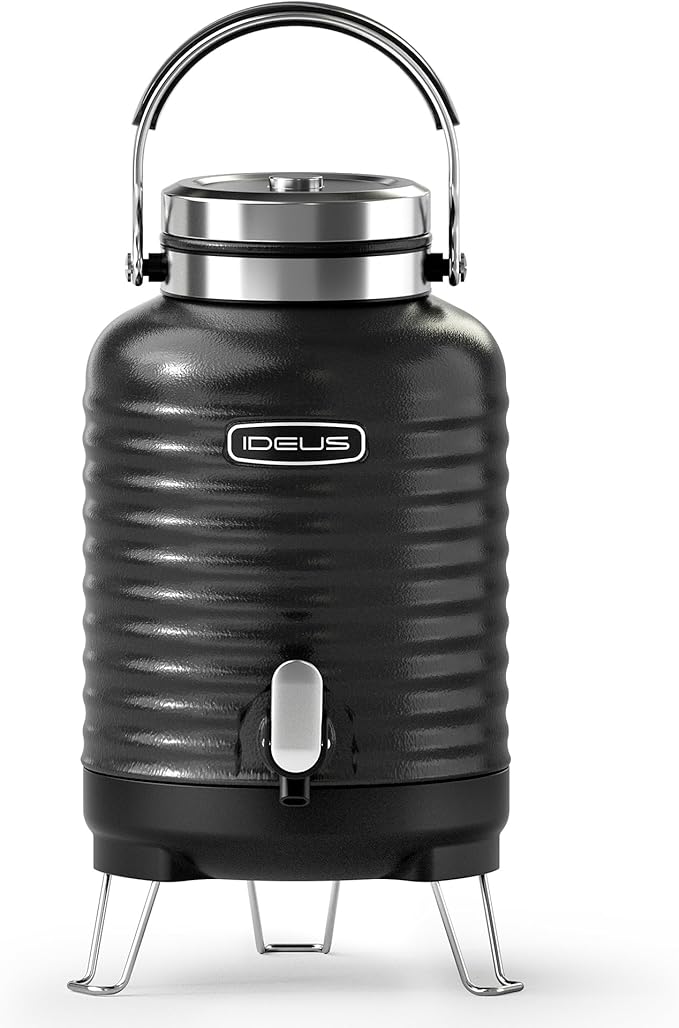 IDEUS Insulated Beverage Dispenser, All-in-one for Camping Vacuum Double-Wall Stainless Steel Water Cooler Coffee Carafe Jug Leakproof Drink Container with Handle, Spigot & Stand (Black, 1,4gal)