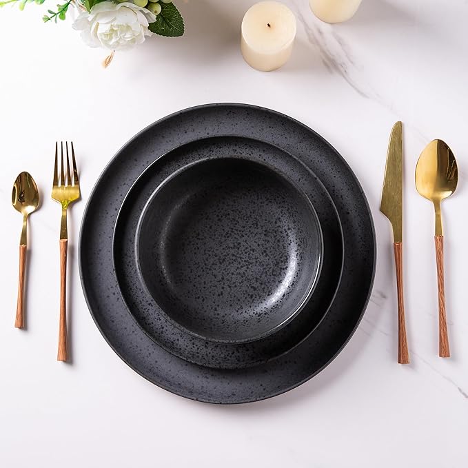 AmorArc Ceramic Dinnerware Sets, Wavy Rim Stoneware Plates and Bowls Sets,Dishwasher & Microwave & Oven Safe Dishes set, Service for 6 (24pc)-Charcoal Matte