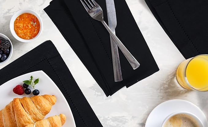 Bedding Craft Cloth Dinner Napkins Set of 12 – 18x18 Jet Black Linen-Look Hemstitched – Reusable Machine Washable Fabric Napkins for Weddings, Events & Everyday Dining