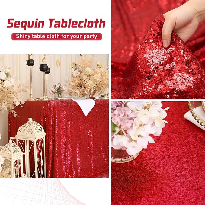 Eternal Beauty Red Tablecloth, 90x132 Inch Sequin Christmas Rectangle Table Cover for Valentines Cake Dessert Exhibition Party Birthday Events
