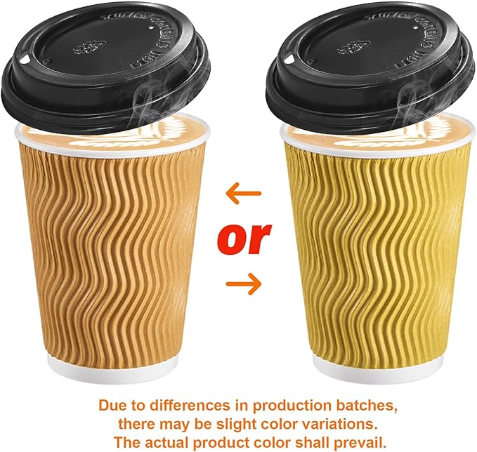 SIUQ 12 oz Coffee Cups-90 Pack Disposable Coffee Cups with Lids and Straws, Insulated Ripple Wall To Go Paper Coffee Cup for Coffee, Hot Chocolate and Hot Tea Drinks - Champagne