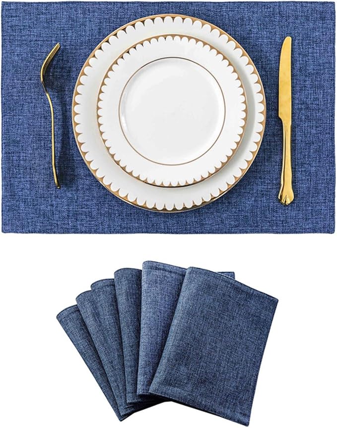 Placemat Set of 4/6 Washable Place Mats Placemats Heat Faux Linen Burlap Placemat for Dining Table Kitchen Table Mats(Blue 6 Pieces)