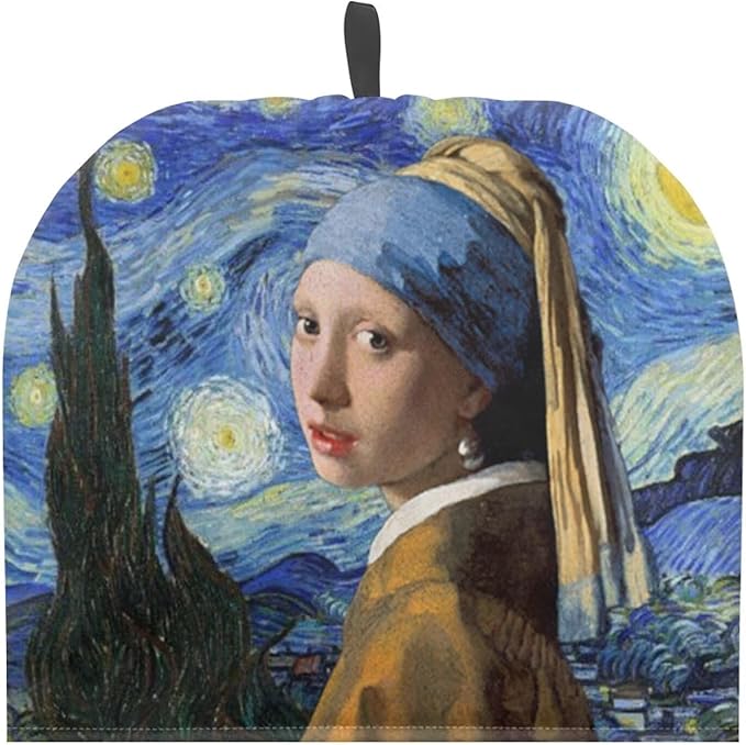 Tea Cozy for Teapots with Handle, Starry Sky and Girl Pattern Vintage Art Dust Cover, Hanging Fold-Up Design, Suitable for Kitchen and Living Room Table Decoration