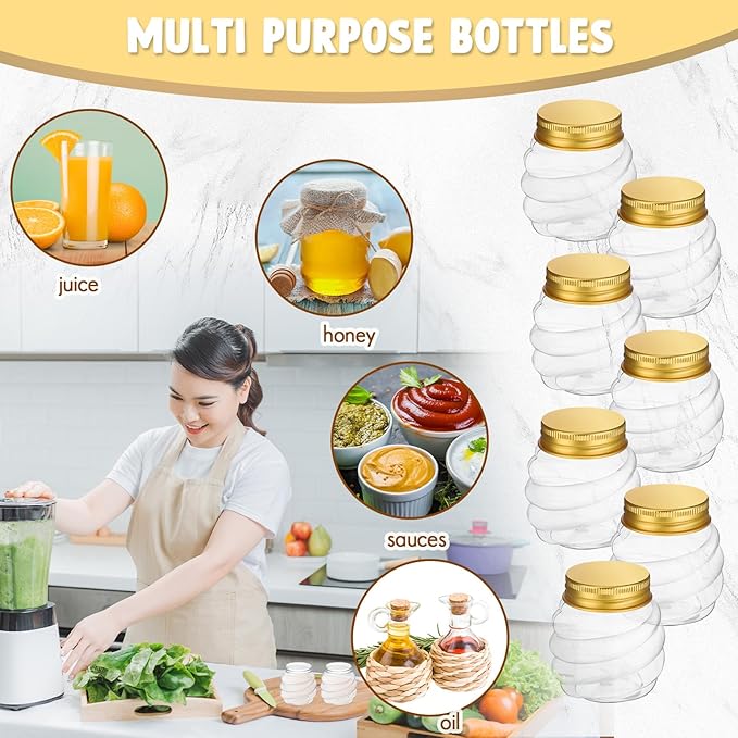 Suclain 50 Pcs 2 oz Mini Honey Jars Party Favors in Bulk Honeycomb Plastic Jars with Gold Lids Wide Mouth Canning Small Containers for Wedding Favors, Baby Shower DIY Gift Jelly Herb Jams Candy