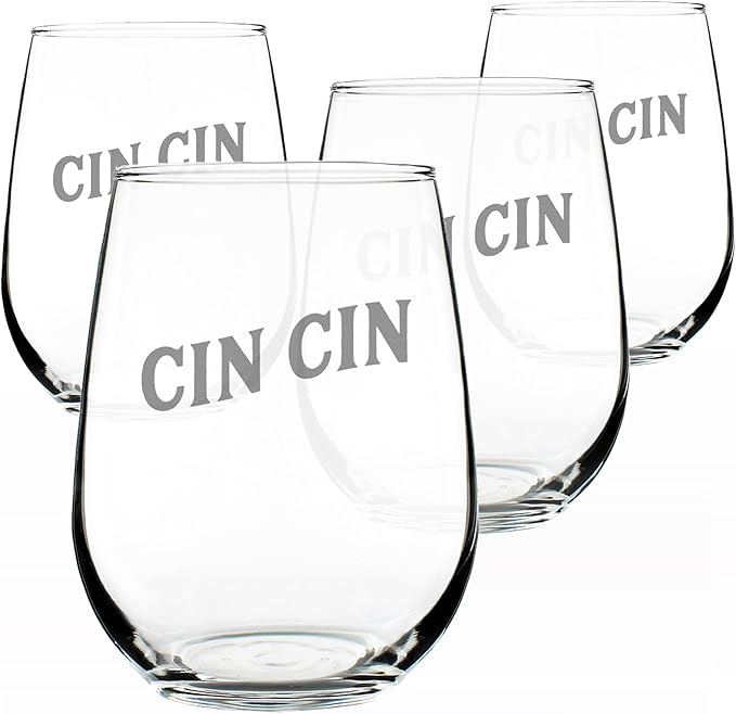 Cin Cin Italian Cheers - Stemless Wine Glass - Unique Italy Themed Gifts or Party Decor - Set of 4 - Large 17 Ounce