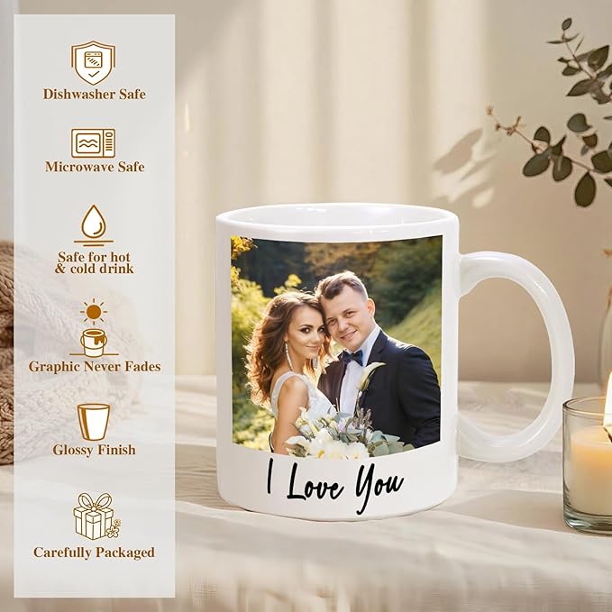 Custom Coffee Mug for Men Women, Personalized 11oz Ceramic Mug with Photo Text & Birth Flower,Customized Valentines Day Gifts for Him Her(1 Photo)