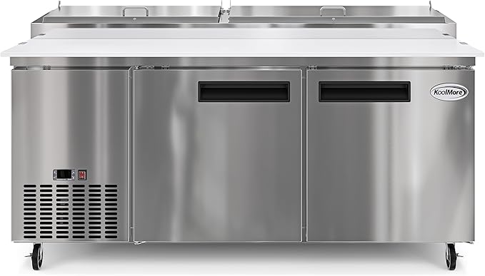 KoolMore 71 in. Commercial Pizza Prep Table with Built-In Refrigerator, Cutting Board, Food Protection Lid, Cold Storage, Rolling Caster Wheels in Stainless Steel, ETL Listed, (KM-RPPS-2DSS)