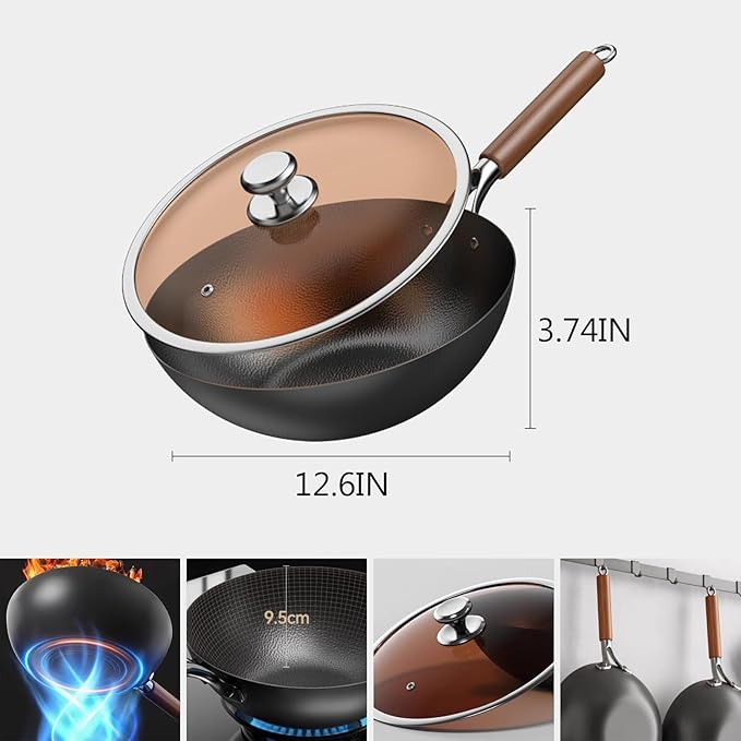 Titanium Hammered Wok with Lid, Pre-Seasoned Cast Iron Nonstick Stir-Fry Pan, Flat Bottom Wok, Scratch-Resistant Non Stick Titanium Pans for Cooking,12.6IN