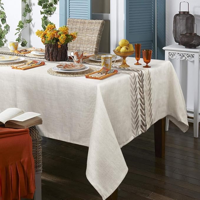 ColorBird Embroidery Leaf Tablecloth Heavy Weight Cotton Linen Fabric Dust-Proof Table Cover for Kitchen Dinning Tabletop Decoration (Rectangle/Oblong, 52 x 70 Inch, Linen)