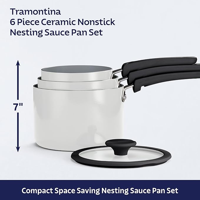 Tramontina Ceramic Non Stick 6-Piece Nesting Sauce Pan Set with Lids - Stackable Nonstick Cookware Set, Dishwasher and Oven Safe, White