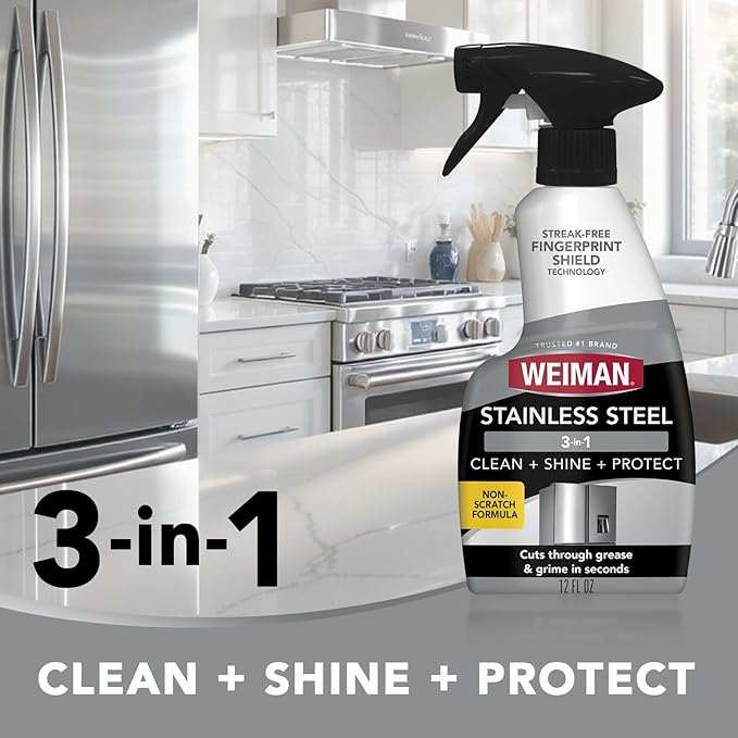 Weiman Stainless Steel Cleaner and Polish, 3-in-1 Stainless Steel Cleaning Spray for Appliances, Cuts Grease & Grime, Removes Fingerprints, Smudges, Residue & Water Spots, Streak-Free Shine