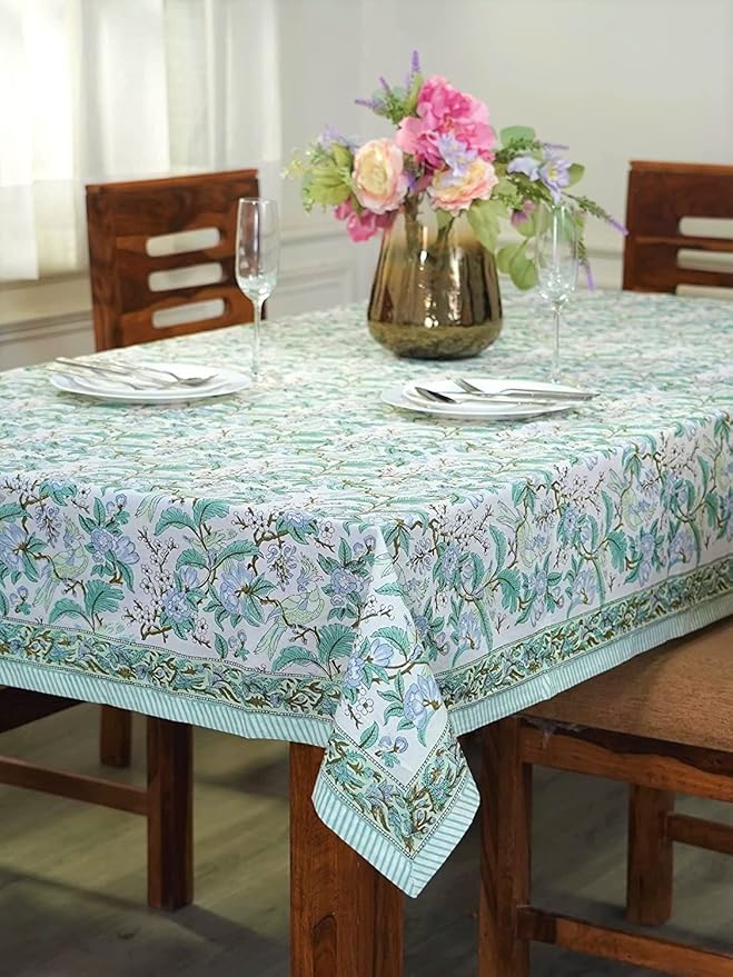 Ridhi Hand Block Print Sage Russian Green Rectangle Cotton Tablecloth 190" x 72" Reusable Table Cover Decorative Everyday Use for Dining, Farmhouse, Home Gift for Spring, Easter, Valentine