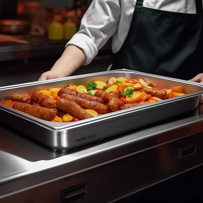 VEVOR Hotel Pan, Full Size Anti-Jam Steam Pans, 0.8mm Thick Stainless Steel 4-Inch Deep Commercial Table Pan, Catering Storage Food Pans, for Industrial & Scientific