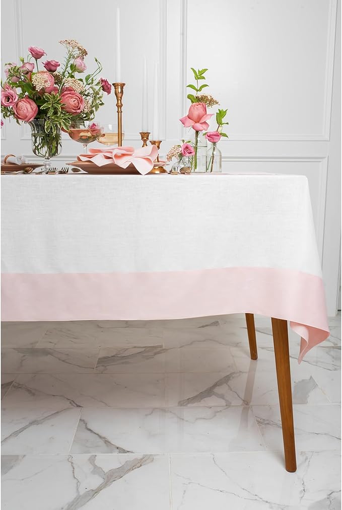 Solino Home Linen Tablecloth 60 x 90 Inch - 100% Pure Linen Blush Pink and White Tablecloth for Rectangle Tables - Contempo, Machine Washable Table Cloth for Valentines, Spring, Easter