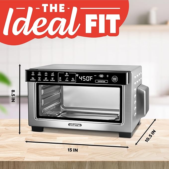Gourmia Toaster Oven Digital Air Fryer - Convection Mode with 4 Slice Capacity, 3 Rack Positions, 12 Presets, Toast, Bagel, Bake, Roast, Broil, Dehydrate, Popcorn, Fits 9" Pizza, Stainless Steel