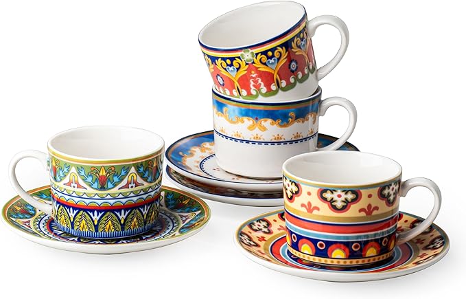 UNICASA Ceramic Coffee Cup with Saucers, 6 oz Colorful Mugs with Dishes, Porcelain Cups Set of 4 for Latte, Cappuccino, Tea, Boho Style, Microwave & Dishwasher Safe