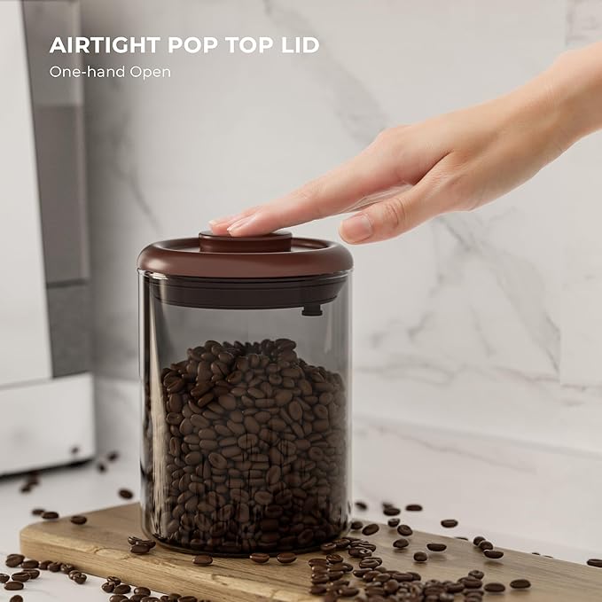 Amber Glass Coffee Canister 2-Pack with Pop Lid & 1-Way Valve - Airtight Container with UV Protection to Lock in Freshness - Storage for Coffee Beans, Ground Coffee & Dry Food, 11OZ