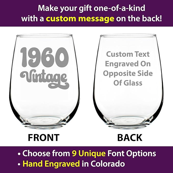 Bevvee Custom Vintage 1960 Stemless Wine Glass - Personalized Birthday Gifts for Women & Men - Bday Party Decor - Large 17 oz