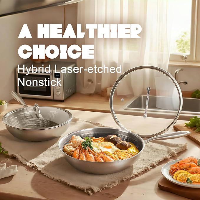 Hybrid Wok, 13 inch Wok with lid,Stainless Steel woks & Stir-fry pans Non Stick, PFOA Free Cookware, Dishwasher and Oven Safe, Compatible With Induction