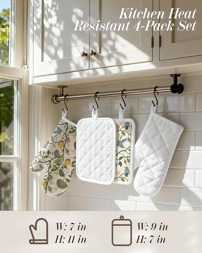 Cotton Oven Mitts and Pot Holders Sets - Quilted Lining Heat Resistant 4 Pieces Set with Hanging Loop Cute Farmhouse Boho Spring Kitchen Decor and Accessories, Lemon Bird