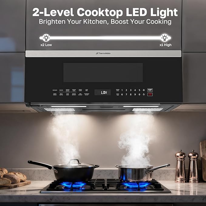ThermoMate 30" Over the Range Low Profile Microwave Oven with Sensor Cooking, 1.2 Cu.Ft Slim, 1000 Cooking Watts, Voice Control, Multi-Stage Cooking, 400 CFM