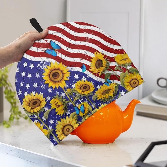 Tea Cozy Portable American Flag Sunflower Print Tea Pot Dust Cover Kitchen Teapot Insulated Scratch-Proof Protector Tea Kettle Cosy Easy Storage